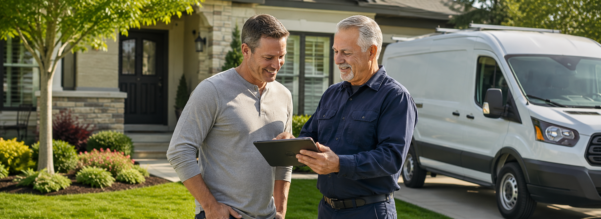 Sunshine technician reviewing sewer scope inspection results with a homeowner on a tablet