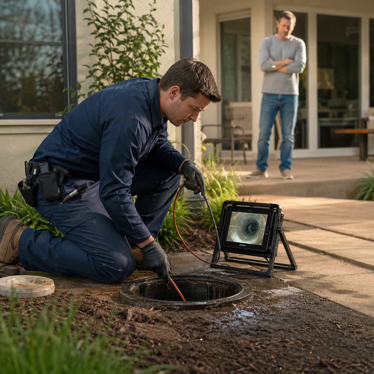 Sunshine technician feeding a sewer scope camera into a cleanout with the video monitor beside him