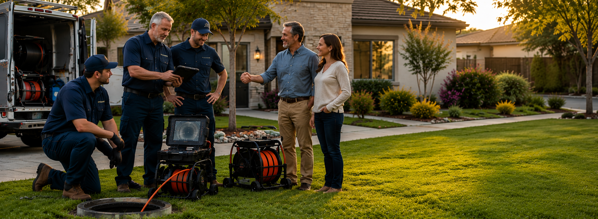 Sunshine technician with a sewer scope camera talking with homeowners outside their home